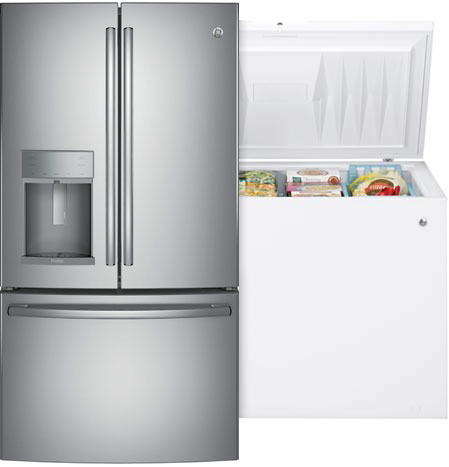A stainless steel french-door refrigerator and white chest freezer from GE Appliances grouped together